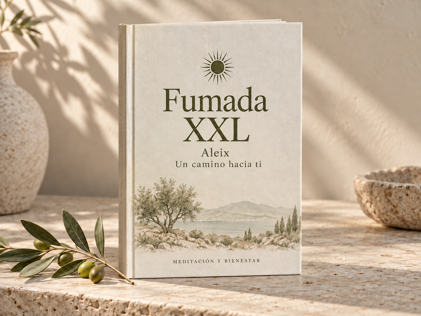 Propuesta de portada de Fumada XXL, de Aleix: un libro en tonos marfil y oliva, junto a una rama y bañado por luz natural.